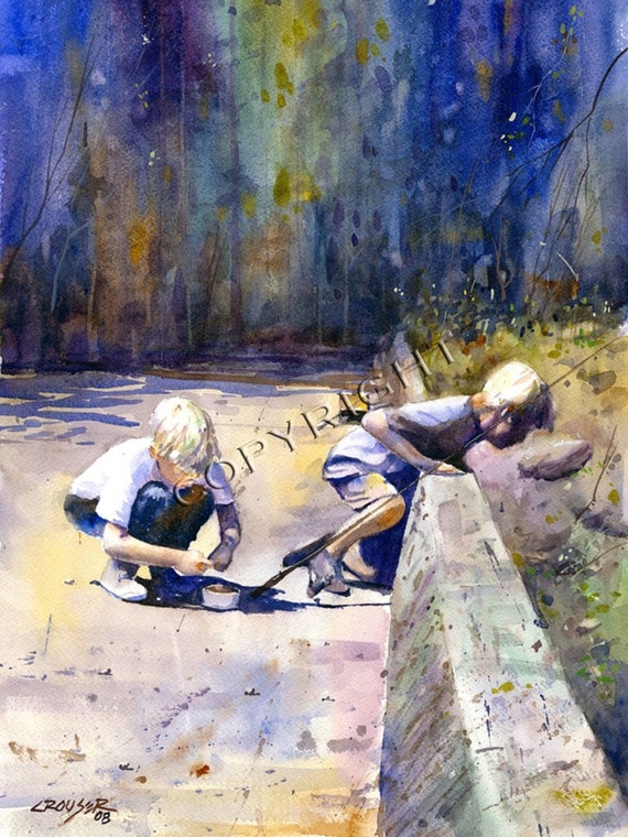 BOYS TROUT FISHING Watercolor Print by Dean Crouser