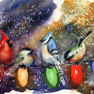 BIRDS & CHRISTMAS LIGHTS Watercolor Holiday Bird Print by Dean Crouser