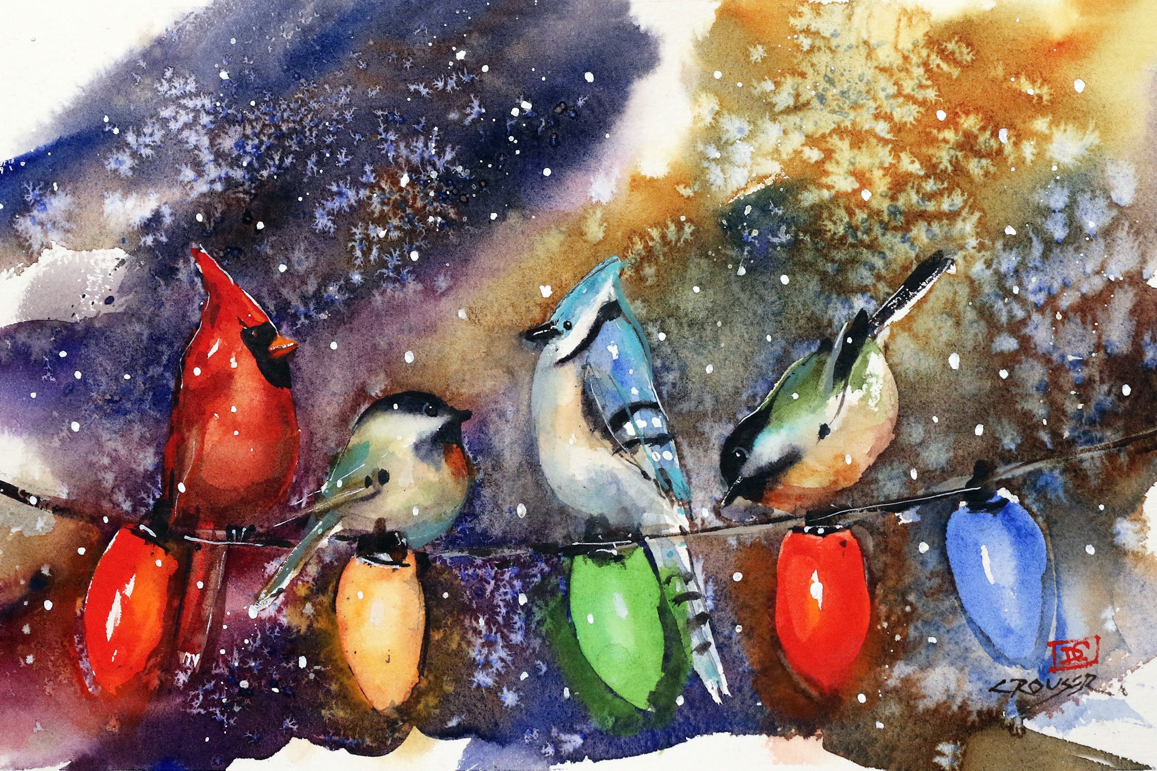 BIRDS & CHRISTMAS LIGHTS Watercolor Holiday Bird Print by Dean Etsy