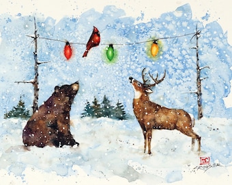 May include: A watercolor painting of a brown bear and a deer looking up at a string of Christmas lights with a red cardinal perched on the string. The scene is set in a snowy forest.