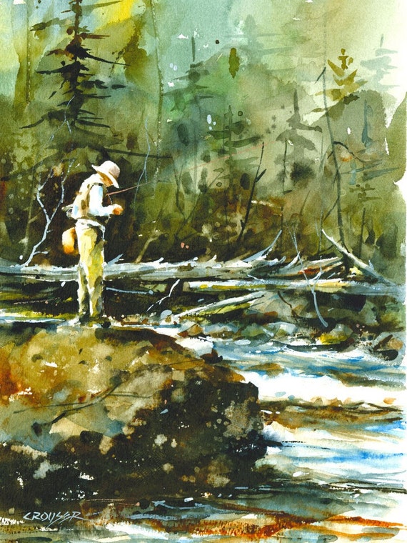 TROUT FISHING Watercolor Print by Dean Crouser -  Canada