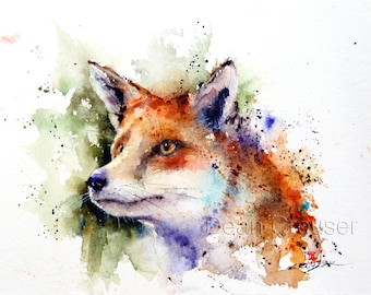May include: Watercolor painting of a fox's head in profile. The fox has orange and brown fur, with a white muzzle and a purple nose. The background features green and brown watercolor washes and black splatters. The artist's signature is visible.