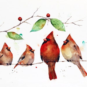 CARDINAL FAMILY, Watercolor Bird Print by Dean Crouser