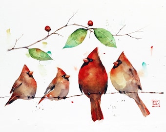 CARDINAL FAMILY, Watercolor Bird Print by Dean Crouser