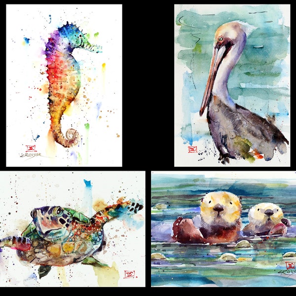 Sea Life Watercolor Art Cards: Otter, Seahorse, Pelican, Turtle - Set of 8