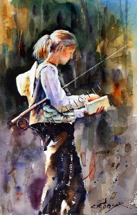 WOMAN FLYFISHING Watercolor Print by Dean Crouser 