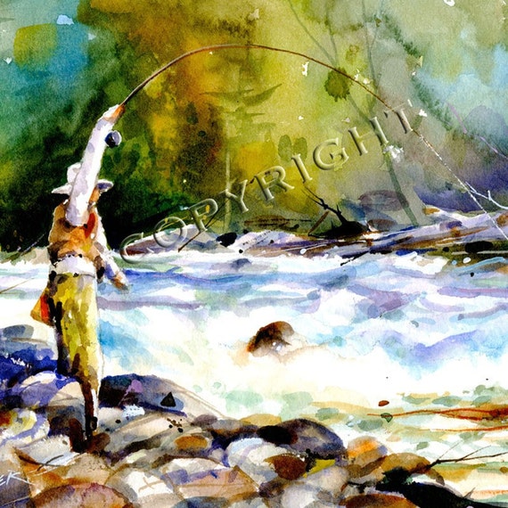 TROUT FISHING Colorful Watercolor Print by Dean Crouser -  Canada
