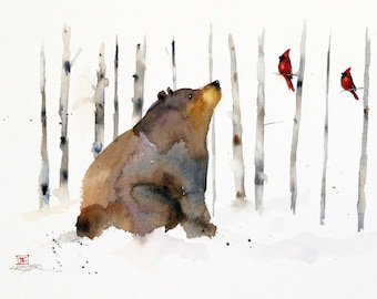 BEAR and CARDINAL Blank Greeting Cards, Set of 8, Watercolor Bird Art by Dean Crouser