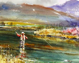 TROUT FISHING Watercolor Print, Fish Art Painting by Dean Crouser