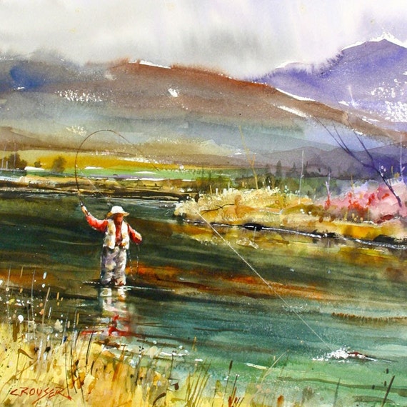 TROUT FISHING Watercolor Print, Fish Art Painting by Dean Crouser