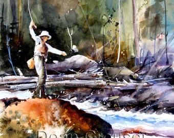 FLY FISHING Watercolor Print, Fish Art Painting  by Dean Crouser