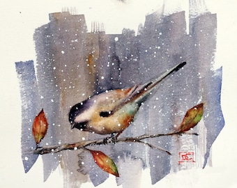 CHICKADEE in SNOW Watercolor Print by Dean Crouser