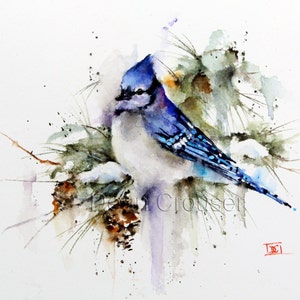 BLUE Jay Winter Watercolor Bird Art Print by Dean Crouser