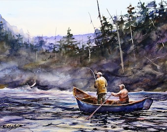 RIVER FISHING Watercolor Fihermen and Boat Print by Dean Crouser