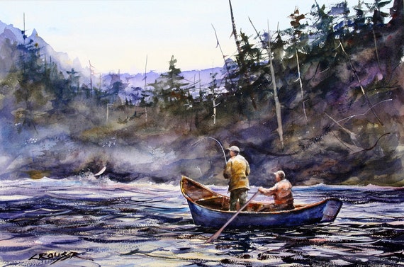 RIVER FISHING Watercolor Fihermen and Boat Print by Dean Crouser -   Canada