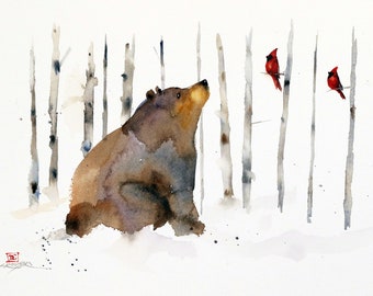 BLACK BEAR, CARDINAL and Birch Trees Winter Watercolor Print by Dean Crouser