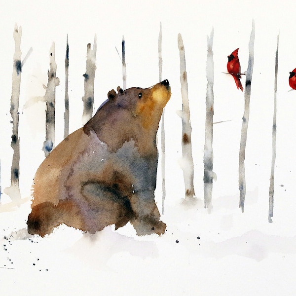Oso negro, cardenal y abedules. Acuarela invernal de Dean Crouser.