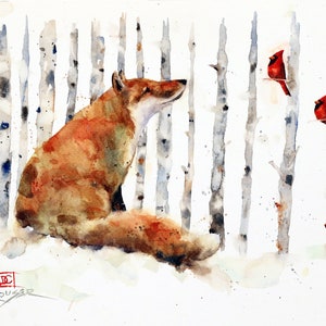 Renard avec le cardinal dans l'impression d'oiseau d'aquarelle d'arbre par Dean Crouser