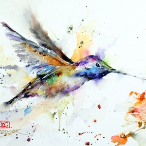 May include: A watercolor painting of a hummingbird in flight, with splashes of color in the background.