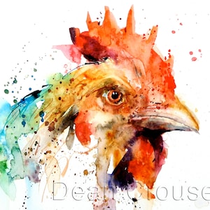 CHICKEN Colorful Watercolor Fram Bird Print by Dean Crouser