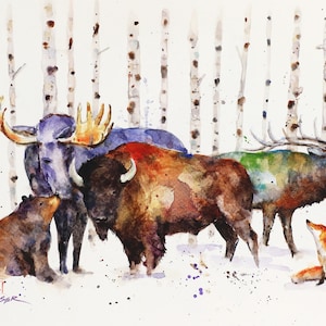 Woodland Animals Watercolor Print: Bear, Moose, Fox, Bison in Birch Trees