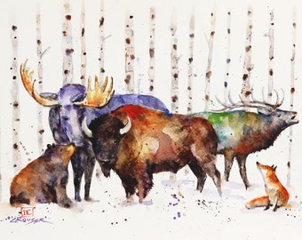 Woodland Animals Watercolor Print: Bear, Moose, Fox, Bison in Birch Trees