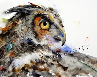 GREAT HORNED OWL Watercolor Owl Print, Bird Art Painting by Dean Crouser