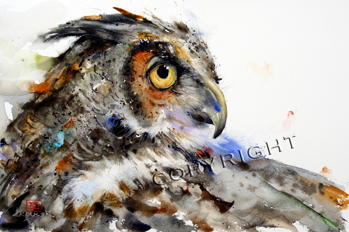 GREAT HORNED OWL Watercolor Owl Print, Bird Art Painting by Dean Crouser