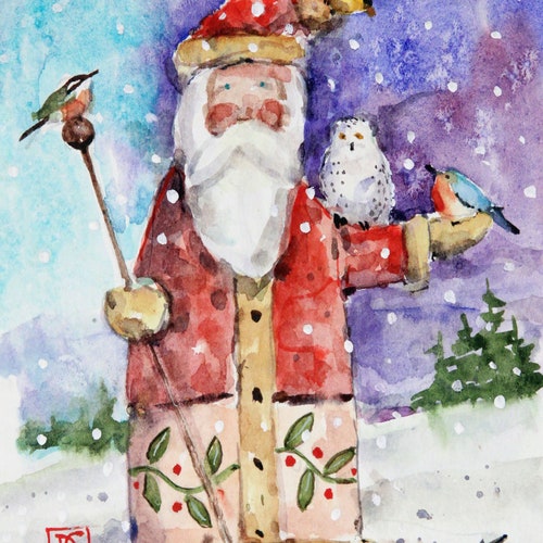 Impression aquarelle du Père Noël et des oiseaux par Dean Crouser