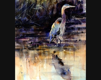 HERON  Watercolor Bird Art Print By Dean Crouser