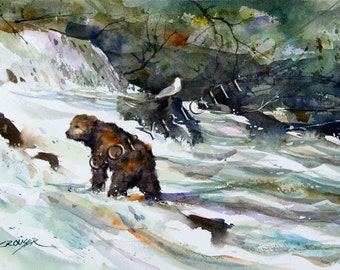 BROWN BEAR in River Watercolor Print by Dean Crouser