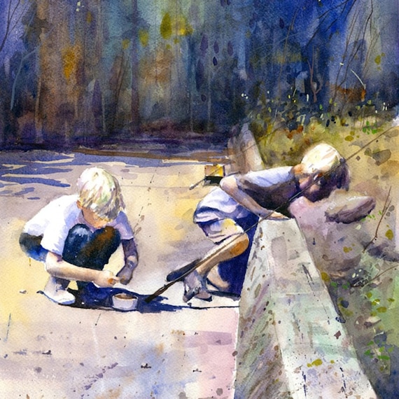BOYS TROUT FISHING Watercolor Print by Dean Crouser