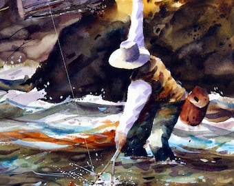 Trout Fishing Watercolor Print by Dean Crouser 