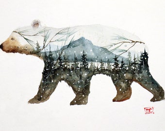 BEAR with FOREST Scene Watercolor Nature Print by Dean Crouser