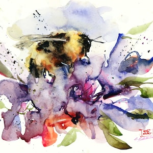 BUMBLEBEE & FLOWER Watercolor Print by Dean Crouser