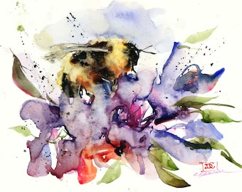 BUMBLEBEE & FLOWER Watercolor Print by Dean Crouser