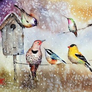 BIRDS with BIRDHOUSE in Snow Watercolor Bird Print by Dean Crouser