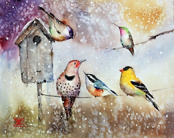 BIRDS with BIRDHOUSE in Snow Watercolor Bird Print by Dean Crouser
