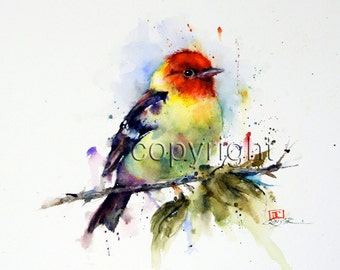 May include: Watercolor painting of a small, colorful bird perched on a branch. The bird has a red head, yellow body, and black wings. The background is a soft blue and green watercolor wash.