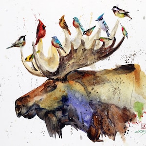 MOOSE and BIRDS Water color Wildlife Print by Dean Crouser