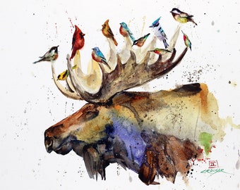 MOOSE and BIRDS Water color Wildlife Print by Dean Crouser