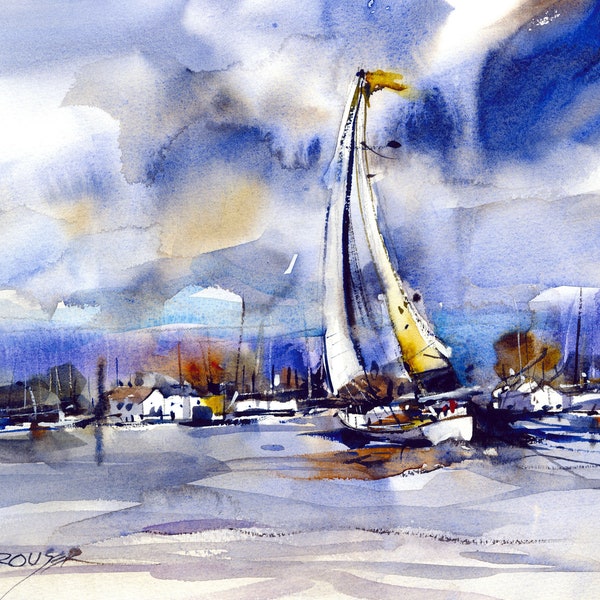 SAILBOAT on Stormy Day Watercolor Print by Dean Crouser