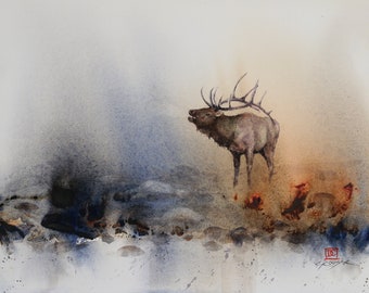 May include: Watercolor painting of an elk with large antlers standing in a misty landscape. The elk is brown and the background is a muted blue and brown.