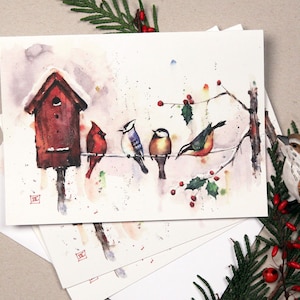 HIVER BIRDHOUSE Jeux de cartes de Noël, cartes de vœux, cartes oiseau et nichoir, aquarelle fantaisiste par Dean Crouser