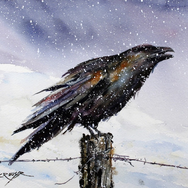 RAVEN in Snow Watercolor Winter Bird Print by Dean Crouser