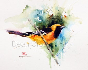 May include: Watercolor painting of a yellow and black bird perched on a branch. The bird has a yellow breast and a black head and wings. The background is a soft blue and green watercolor wash.