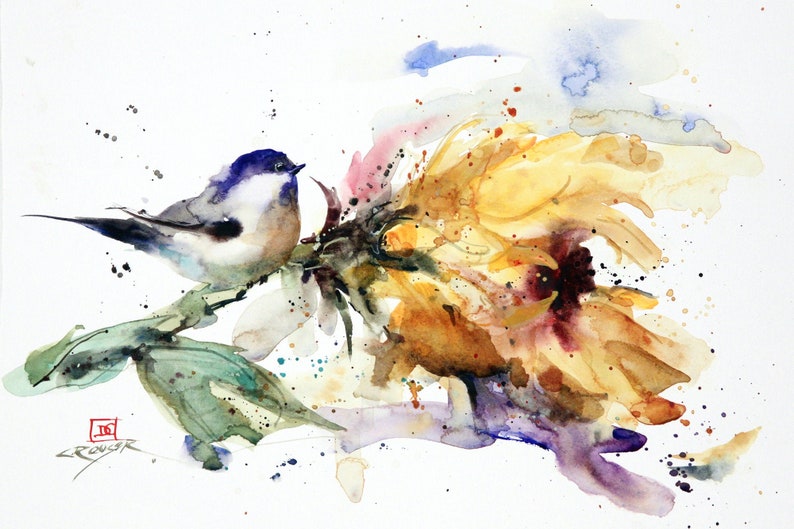 CHICKADEE and SUNFLOWER Watercolor Bird Print by Dean Crouser 