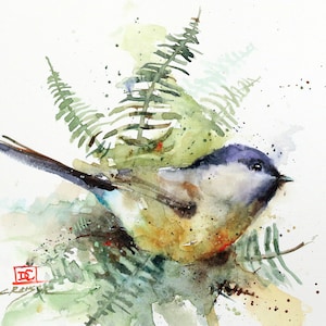 Chickadee and Ferns Watercolor Bird Print by Dean Crouser