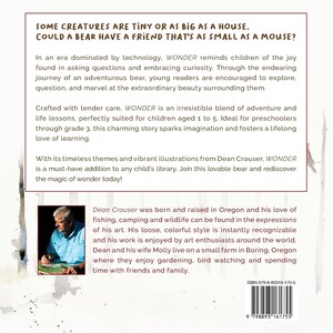 Puede incluir: La contraportada de un libro infantil titulado "Wonder" con una ilustraci&oacute;n colorida de un oso y un cardenal. El libro est&aacute; escrito por Dean Crouser y presenta ilustraciones vibrantes. El texto de la contraportada describe el libro como una adici&oacute;n imprescindible a la biblioteca de cualquier ni&ntilde;o.
