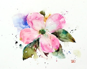 May include: A watercolor painting of a pink dogwood flower with green leaves and a white background. The painting has a splattered effect, giving it a whimsical feel.